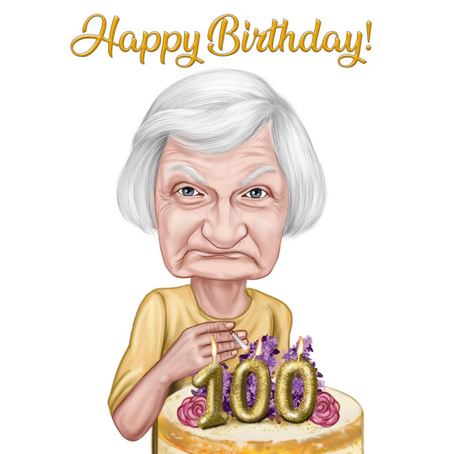 Komische verjaardagspersoon met taart gekleurde karikatuur voor 100 jaar verjaardagscadeau
