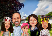 Карикатура родителей с тремя детьми с фото на одноцветном фоне