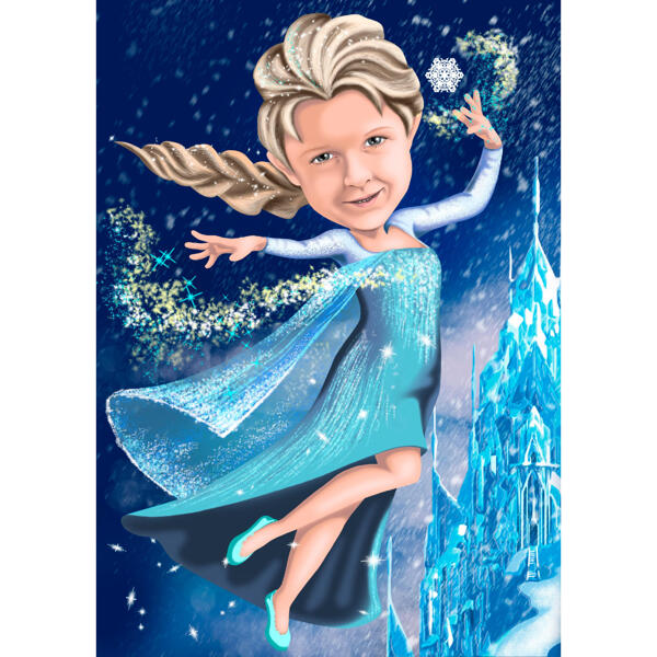 Caricature de fille de reine des neiges dans un style coloré à partir de photos avec un arrière-plan personnalisé
