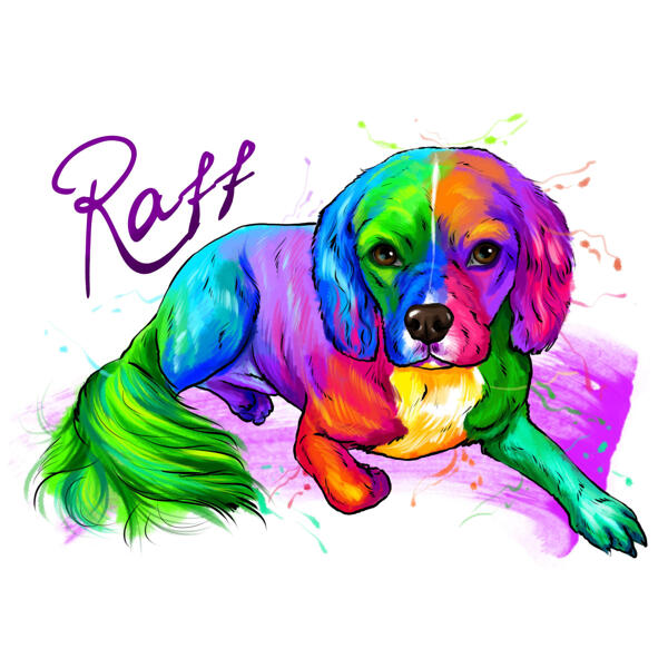 Full Body Spaniel Cartoon Ritratto da foto in stile acquerello arcobaleno