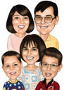 Eltern mit drei Kindern Karikatur vom Foto auf einfarbigem Hintergrund