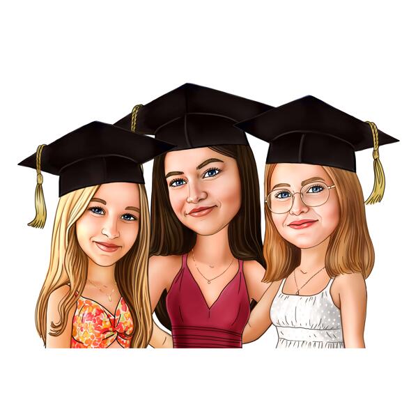 Caricatura grupal de graduados con birrete de graduación