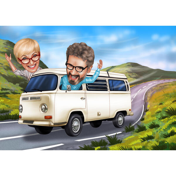 Caricatura di coppia in viaggio in autobus in stile colore con sfondo personalizzato