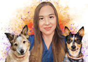 Retrato Memorial do Proprietário com Animais de Estimação em Estilo Aquarela