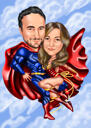 Caricatura de superhéroe de pareja voladora con fondo