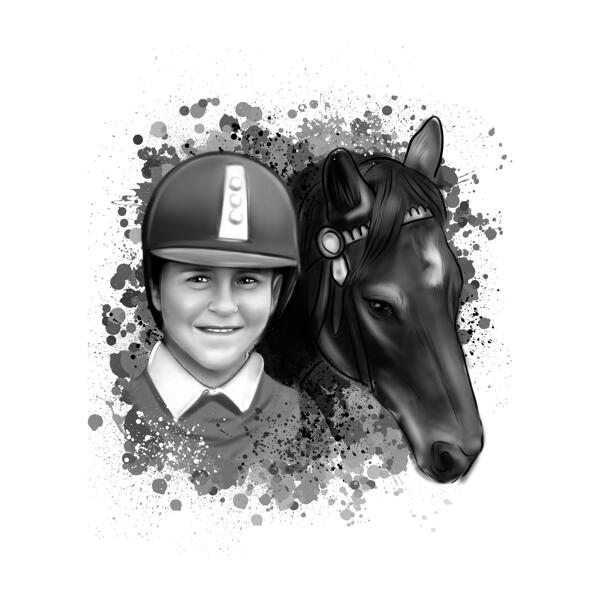 Jezdecká hlava a ramena karikatura portrét v akvarel černé a bílé pro vlastní jezdecký dárek