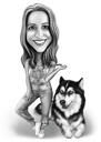 Özel Arka Plana Sahip Siyah Beyaz Stilde Evcil Hayvan Karikatür Portresi ile Sahibi
