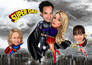 Caricatură personalizată de supererou de familie din fotografii cu fundal într-o singură culoare
