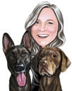 Caricatura exagerada de mulher com animais de estimação em estilo digital colorido com fundo personalizado
