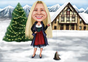Caricature d'hiver avec fond d'arbre de Noël enneigé pour cadeau personnalisé
