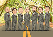 Karikatura mládenců s pozadím domu