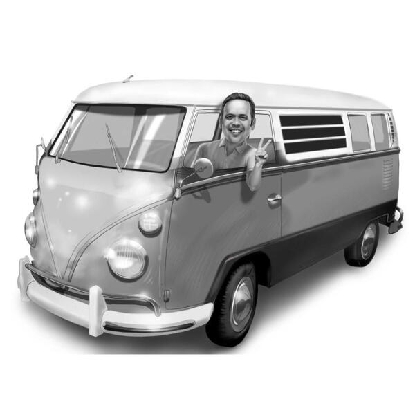 Karikatura řidiče autobusu v černobílém stylu z fotografií
