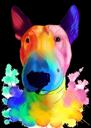 Ritratto di caricatura di Rainbow Bull Terrier dell'acquerello su sfondo nero