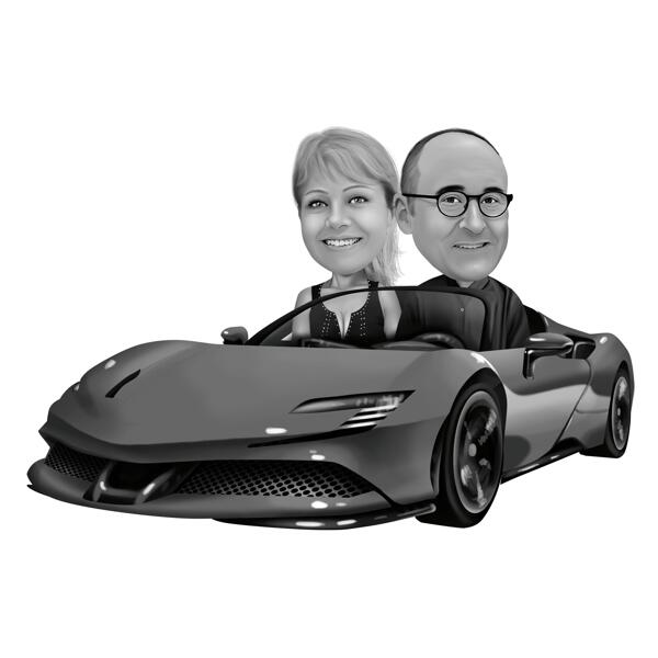Pareja en coche Caricatura dibujada a mano en estilo digital en blanco y negro