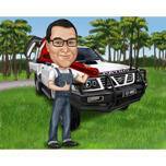 Mechaniker-Cartoon mit Schraubenschlüssel und Auto-Hintergrund