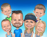 Överdriven karikatyrstil familjeporträtt i färgad med enkel bakgrund