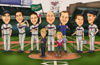 Caricatura de padrinos de boda con uniformes deportivos