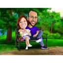 Caricatura de casal em banco de parque com fundo natural