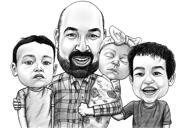 الأب مع الأطفال الكاريكاتير في أسلوب أبيض وأسود