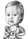 Caricature d'un enfant avec son jouet préféré : style noir et blanc