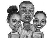 Isä tyttärien kanssa Mustavalkoinen tyylinen karikatyyri valokuvista
