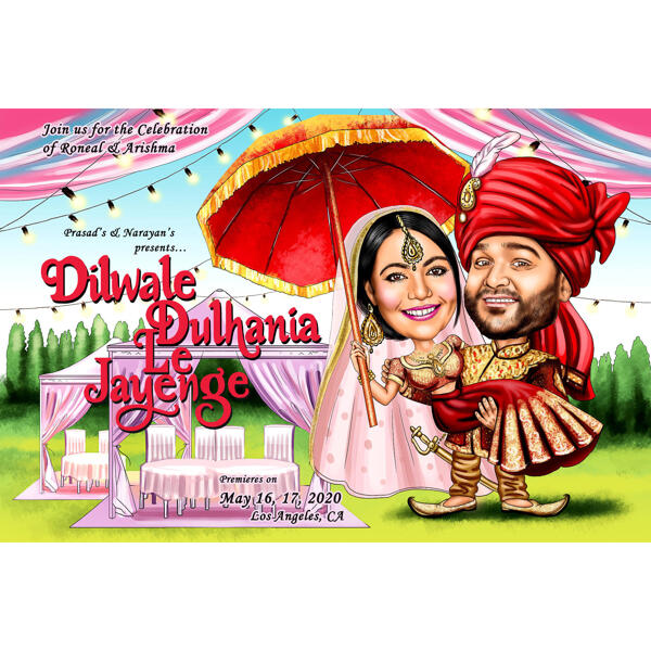 Karikatur für Hochzeitseinladungen, handgezeichnet nach Fotos