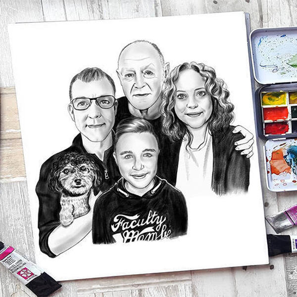 Rodina s karikaturou pro domácí mazlíčky v černobílém stylu jako dárek na míru