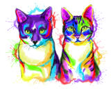 زوجين من القطط صورة كاريكاتورية في نمط الألوان المائية مع لون واحد الخلفية