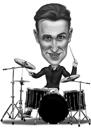 Cartoon batterista in stile bianco e nero per gli amanti della batteria
