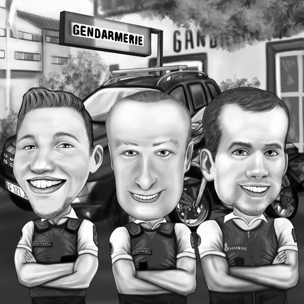 Caricatura de três pessoas de qualquer profissão em estilo preto e branco