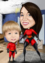 Rodič s dětskou superhrdinskou karikaturou z fotografií na vlastním pozadí