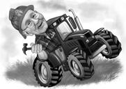 Mies traktorin kanssa mustavalkoisena