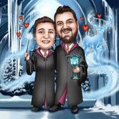 Full Body Couple Caricature as Any Movie Characters with Custom Background
