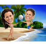 Caricature de style volley-ball Couple coloré avec fond personnalisé à partir de photos