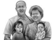 Portrait commémoratif de famille dessiné à la main dans un style noir et blanc à partir de photos