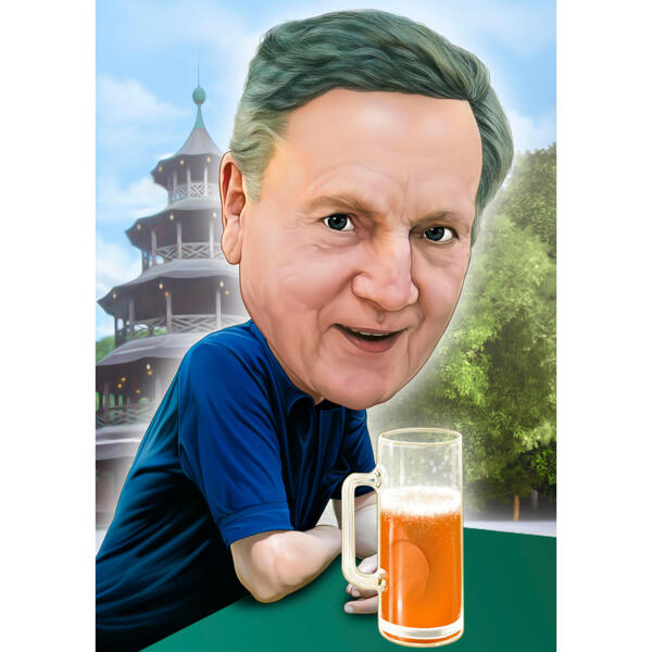 Muž s pivní karikaturou na vlastní pozadí z fotografie