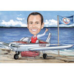 Pilotní karikatura hlavy a ramen s letadlem a pozadím