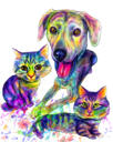 Ganzkörper-Karikatur für gemischte Haustiere im Regenbogen-Aquarell-Stil