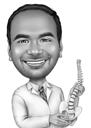 Caricatura del terapista dell'osteopatia medico in bianco e nero dalle foto