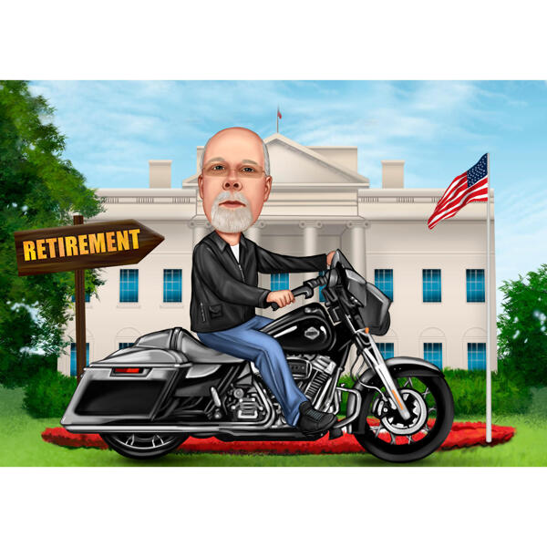 Mand på motorcykel karikaturgave i farvestil med baggrund i det hvide hus