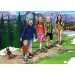 Famiglia di 5 persone con animali domestici che fanno escursioni, caricatura