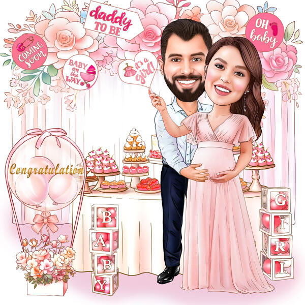 Caricatura personalizzata di coppia per baby shower: è una bambina