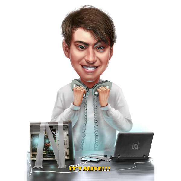 Caricature de technicien de réparation informatique personnalisée à partir de photos
