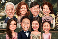 Caricatura di una grande famiglia in fattoria