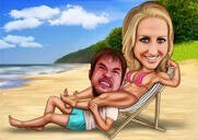 Caricatura de casal em praia tropical