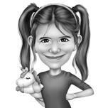 Caricature d'un enfant avec son jouet préféré : style noir et blanc