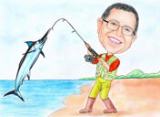 Zvejnieka karikatūras dāvanas ideja — vīrietis ar zivīm un alu uz pielāgota fona