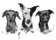 Карикатура на собаку на заказ - акварельный портрет смешанной породы собак в черно-белом стиле