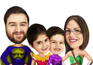 Familjekarikatur med slumpmässiga superhjältdräkter i färgad stil