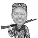 Caricatura engraçada do caçador exagerado em estilo preto e branco da foto